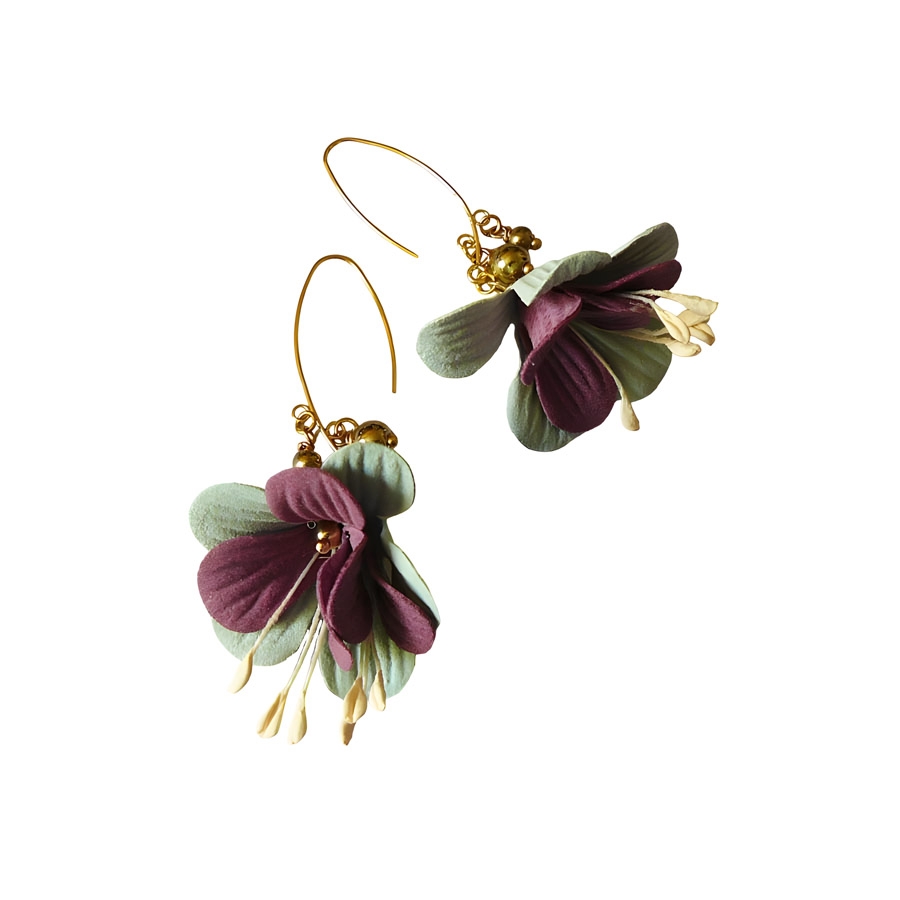 Bohemian floral pendant earrings, gold plated, pink green fuchsia fabric flower, handmade Joanna Calla