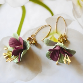Bohemian floral pendant earrings, gold plated, pink green fuchsia fabric flower, handmade Joanna Calla