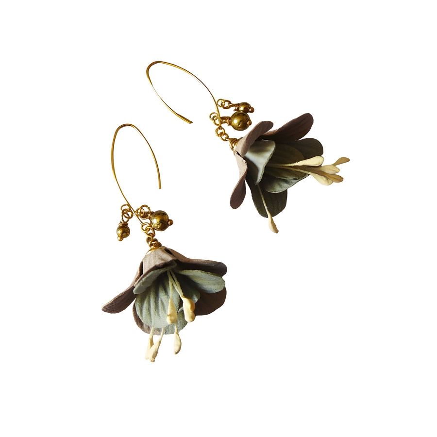 Bohemian floral pendant gold plated earrings, fuchsia gray brown fabric flower, handmade Joanna Calla