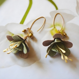 Bohemian floral pendant gold plated earrings, fuchsia gray brown fabric flower, handmade Joanna Calla