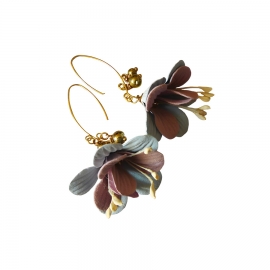 Bohemian floral gold plated earrings, fuchsia blue pink fabric flower, handmade, Joanna Calla
