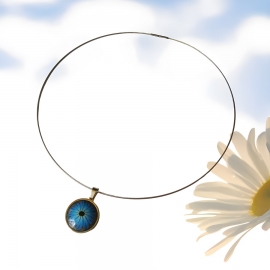 Floral short necklace, silver stainless steel, blue daisy flower jewelry, floral jewelry, handmade, Joanna Calla