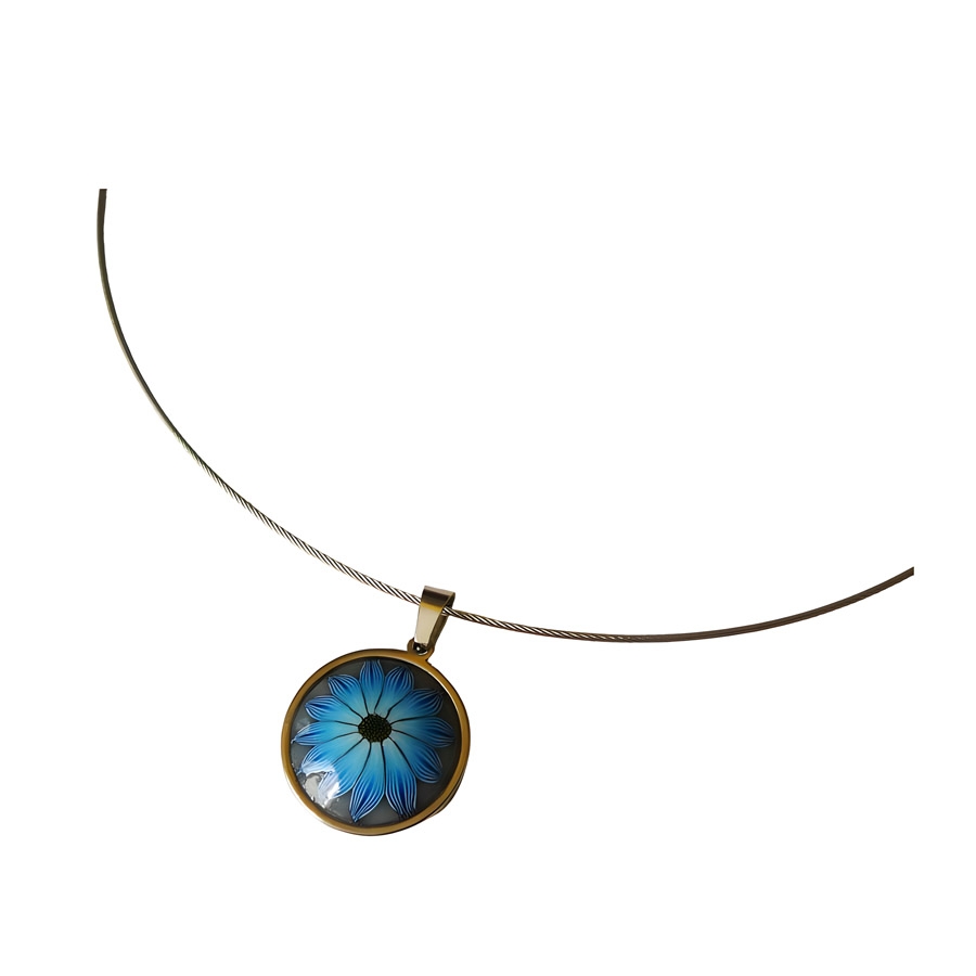 Floral short necklace, silver stainless steel, blue daisy flower jewelry, floral jewelry, handmade, Joanna Calla