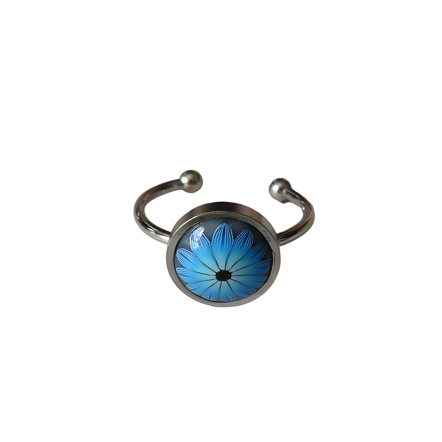 Bague florale bohème en acier inoxydable argent, fleur marguerite bleue en argile polymère, bijoux floraux, Joanna Calla