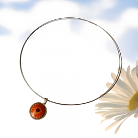 Floral short necklace, silver stainless steel, orange daisy flower jewelry, floral jewelry, handmade, Joanna Calla