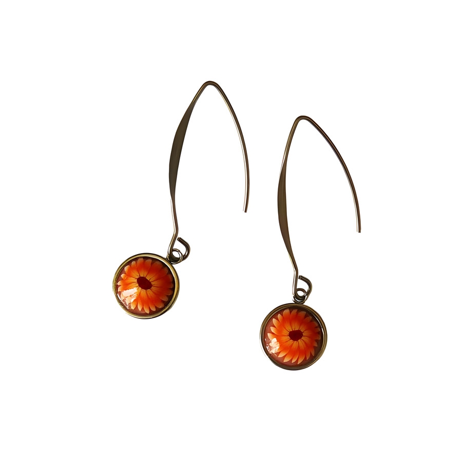 Pendant round earrings in silver stainless steel, orange daisy flower in polymer clay, handmade Joanna Calla