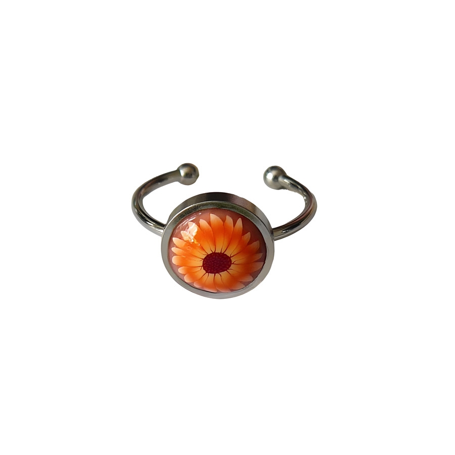 Bohemian floral ring, in silver stainless steel, orange daisy flower in polymer clay, handmade, unique piece, Joanna Calla