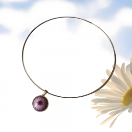 Floral short necklace, silver stainless steel, purple daisy flower jewelry, floral jewelry, handmade, Joanna Calla