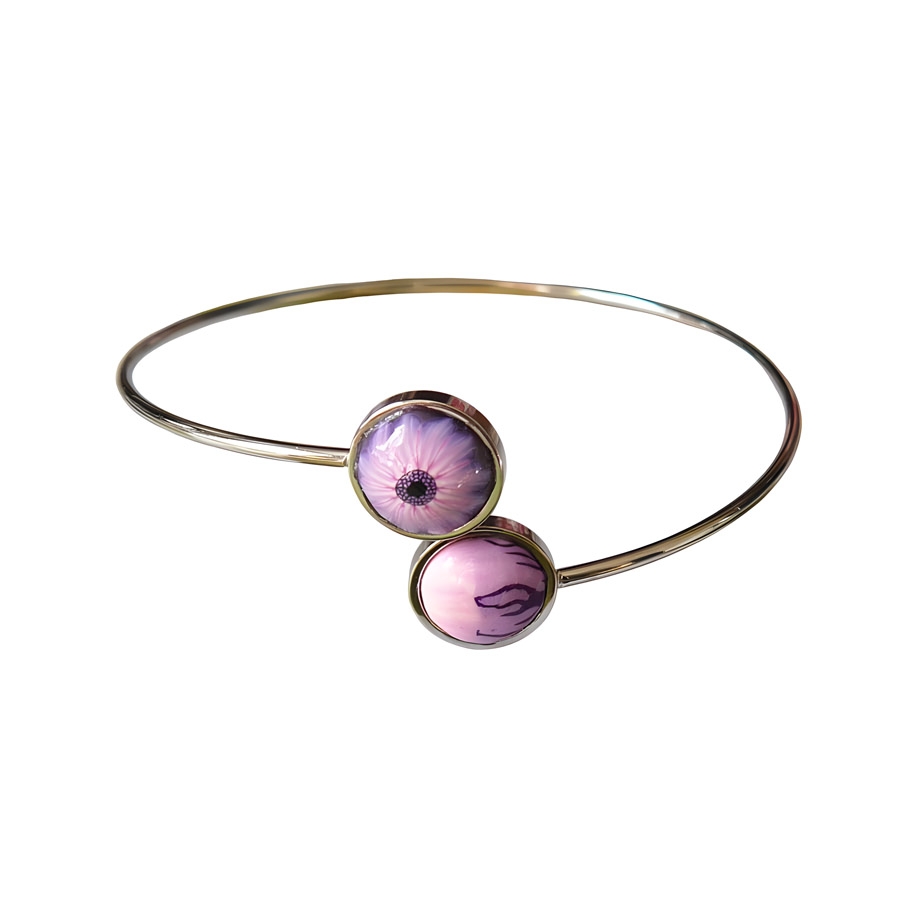 Bracelet jonc bohème, en acier inoxydable argent, bijoux fleurs marguerite mauve, bijoux floraux, fait main, Joanna Calla