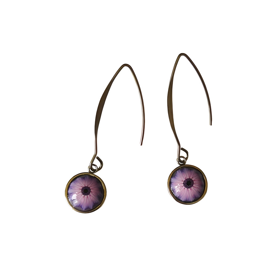 Pendant round earrings in silver stainless steel, purple daisy flower in polymer clay, handmade Joanna Calla