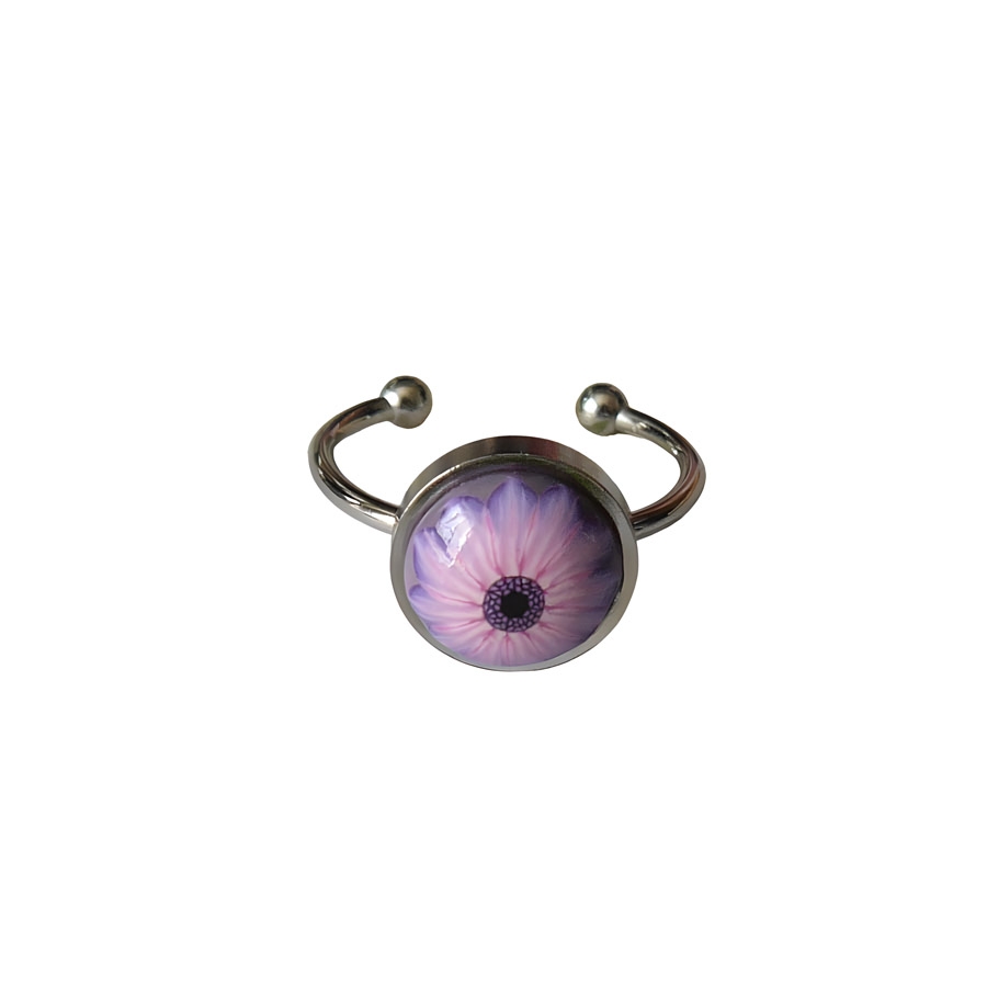 Bague florale bohème en acier inoxydable argent, fleur marguerite mauve en argile polymère, bijoux floraux, Joanna Calla