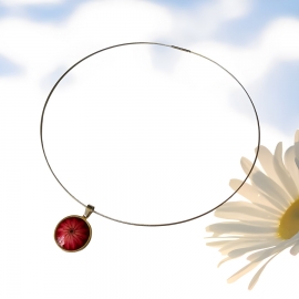 Floral short necklace, silver stainless steel, red daisy flower jewelry, floral jewelry, handmade, Joanna Calla