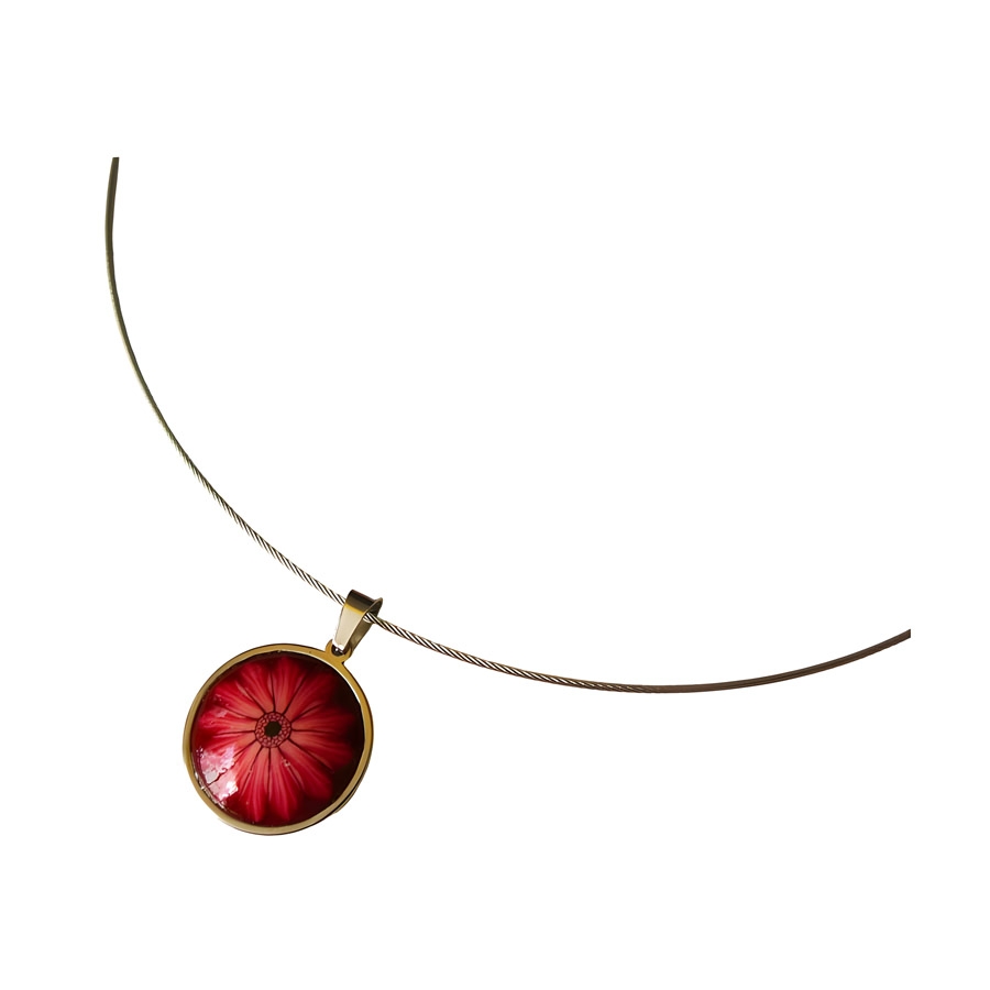 Floral short necklace, silver stainless steel, red daisy flower jewelry, floral jewelry, handmade, Joanna Calla
