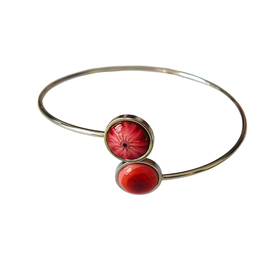 Bohemian bangle bracelet, silver stainless steel, red daisy flower jewelry, floral jewelry, handmade, Joanna Calla