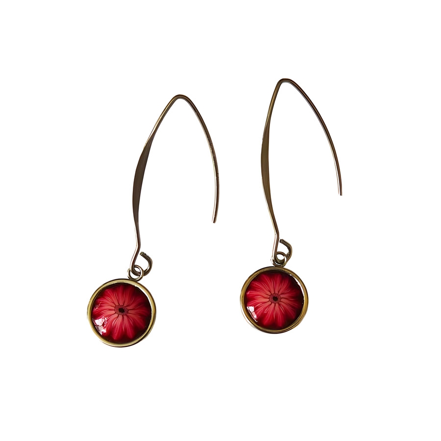 Pendant round earrings in silver stainless steel, red daisy flower in polymer clay, handmade Joanna Calla
