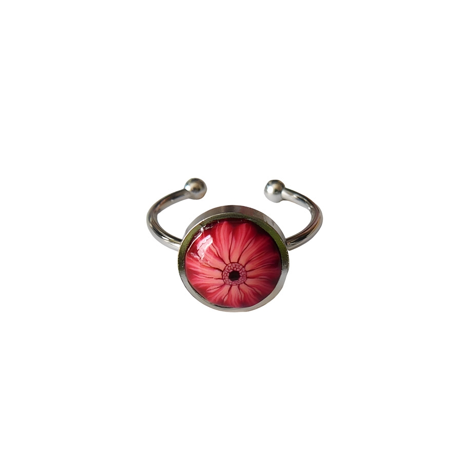 Bague florale bohème en acier inoxydable argent, fleur marguerite rouge en argile polymère, bijoux floraux, Joanna Calla