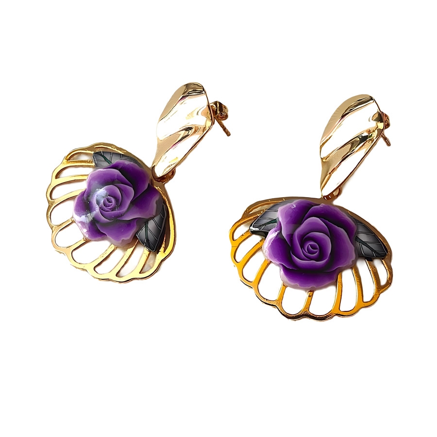 Boucles d'oreilles puces florales, bohème en laiton or 24K, pendantes, bijoux fleurs rose mauve, nature, fait main, Joanna Calla