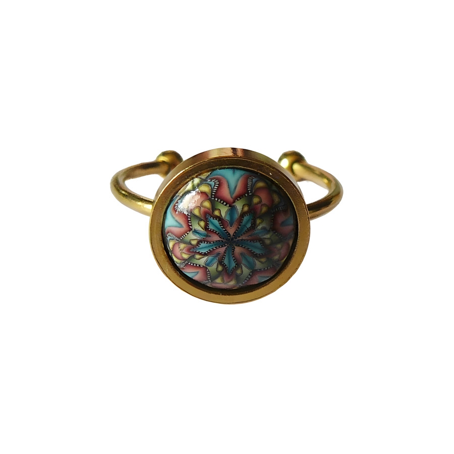 Bohemian floral ring, in golden stainless steel, blue pink mandala, handmade, unique piece, Joanna Calla