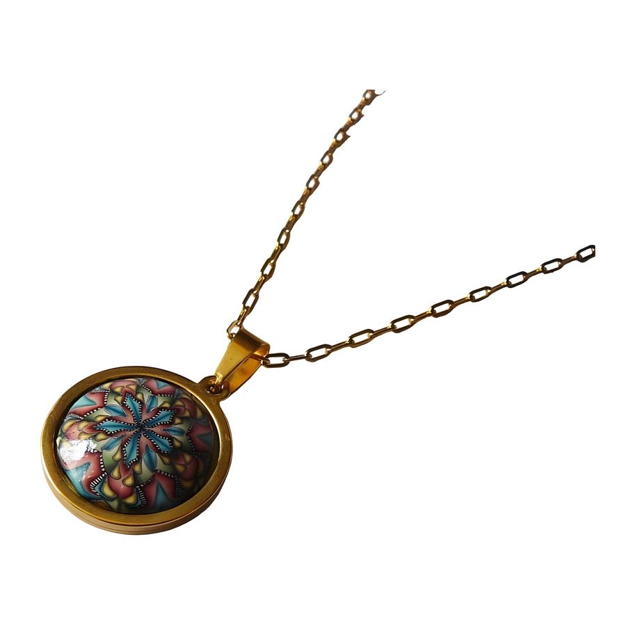 Bohemian necklace gold plated stainless steel, blue pink mandala in polymer clay, handmade Joanna Calla