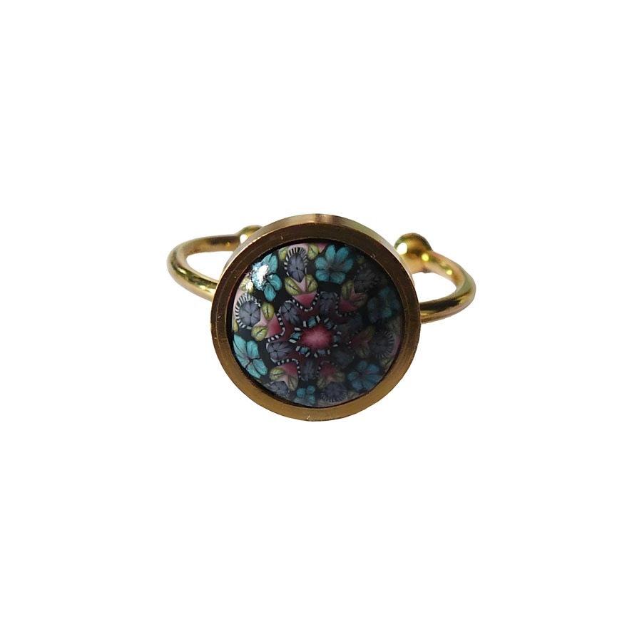 Bohemian floral ring, in golden stainless steel, blue red mandala, handmade, unique piece, Joanna Calla