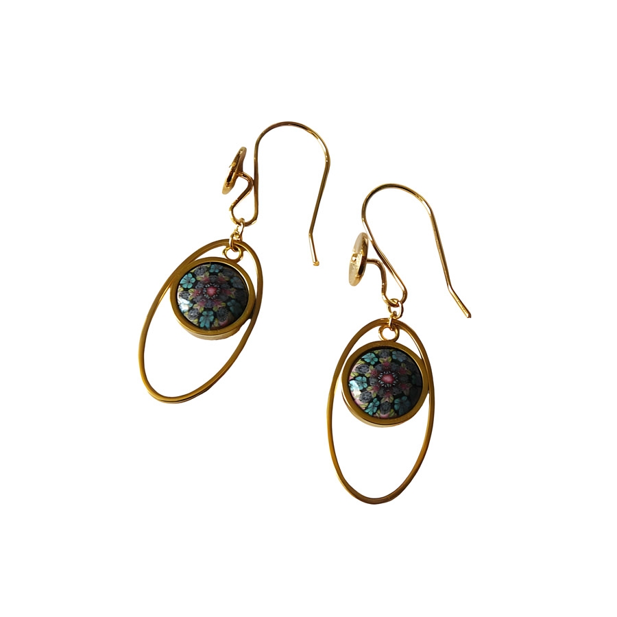 Boucles d'oreilles ovales, en acier inoxydable doré, pendantes, bijoux graphiques, mandala bleu rouge, fait main, Joanna Calla