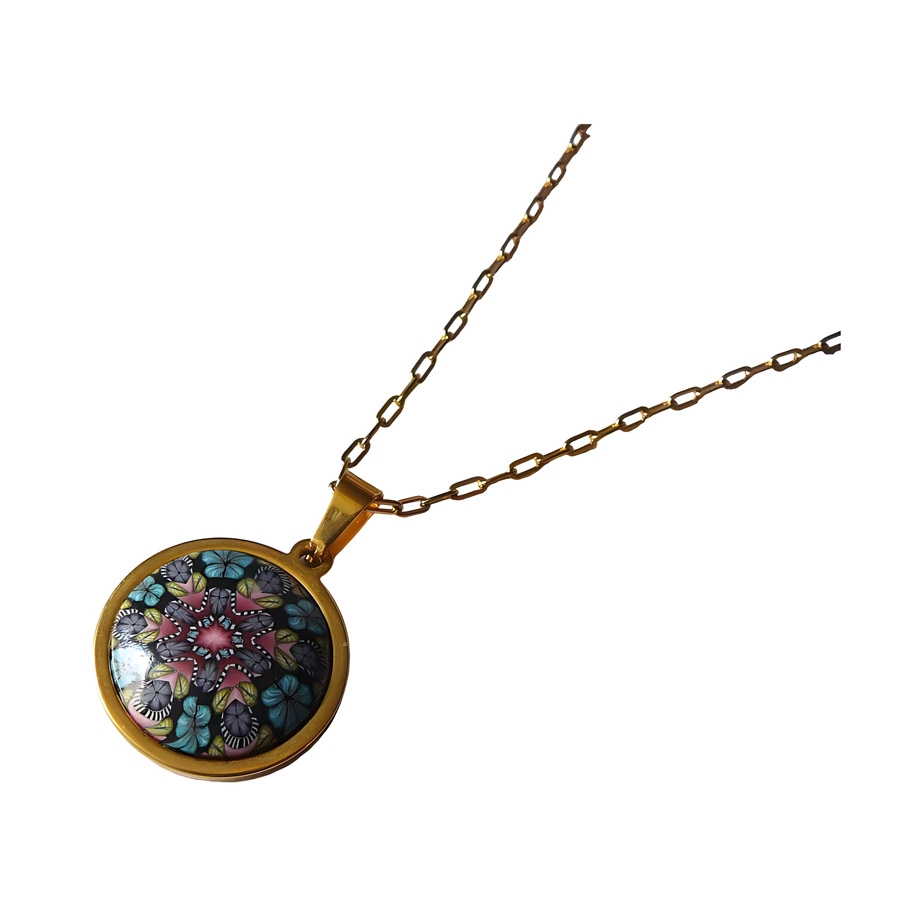 Bohemian necklace gold plated stainless steel, blue red mandala in polymer clay, handmade Joanna Calla