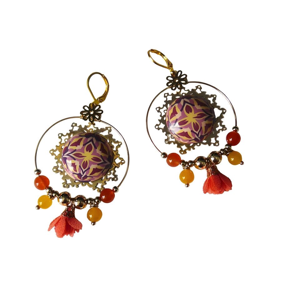 Boucles d'oreilles rondes, en laiton doré, pendantes, bijoux graphiques, mandala marron orange, nature, fait main, Joanna Calla