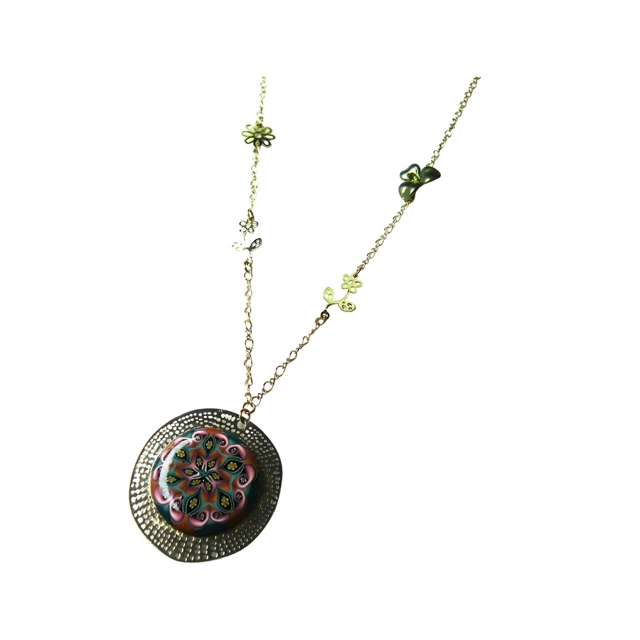 Bohemian necklace, pink brown mandala in polymer clay, handmade Joanna Calla