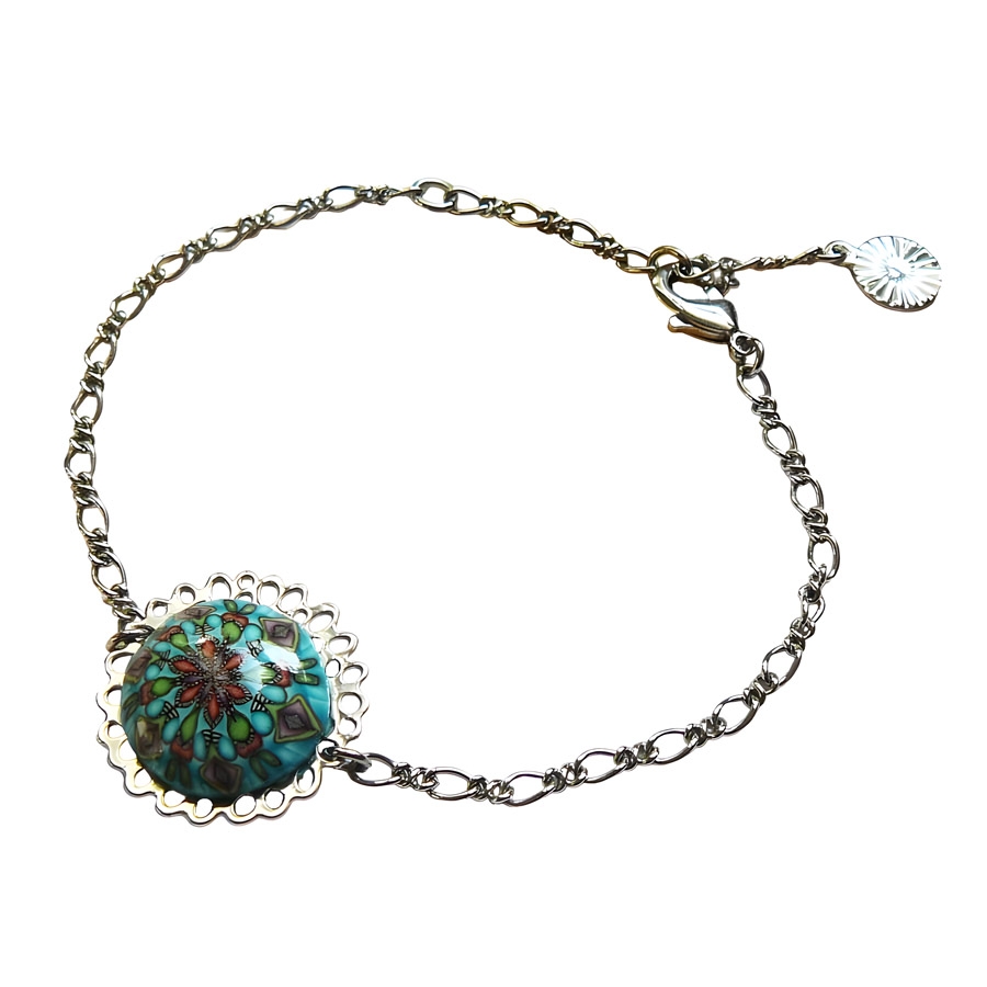 Fine silvery bohemian bracelet Astrée blue mandala in polymer clay, handmade, Joanna Calla