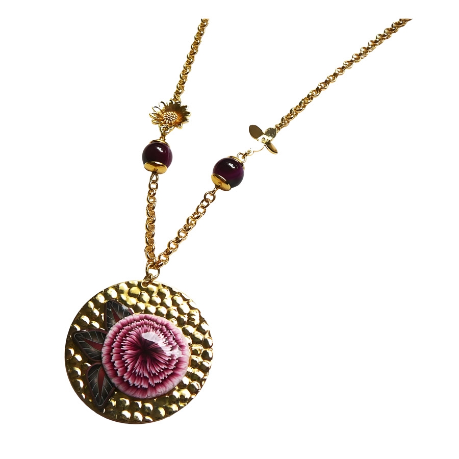 Bohemian floral pendant necklace for women in 24k gold plated brass, red dahlia flower in polymer clay, Joanna Calla