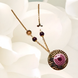 Bohemian floral pendant necklace for women in 24k gold plated brass, red dahlia flower in polymer clay, Joanna Calla