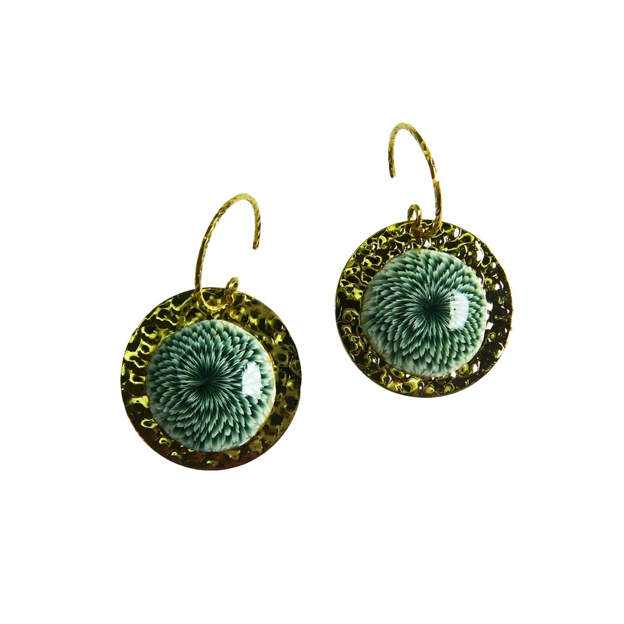 Bohemian floral pendant earrings in gold plated brass, green dahlia flower in polymer clay, handmade, Joanna Calla