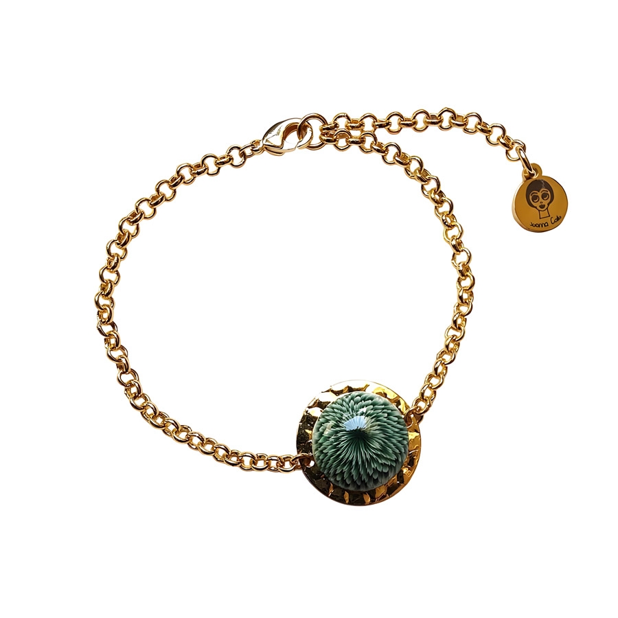 Bohemian floral fine bracelet in gold-plated 24K brass, green dahlia flower in polymer clay, handmade, Joanna Calla