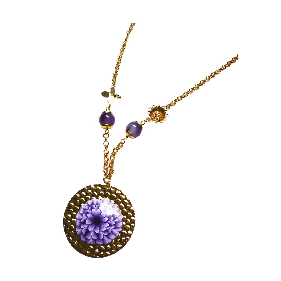 Bohemian floral pendant necklace for women in 24k gold plated brass, purple dahlia flower in polymer clay, Joanna Calla
