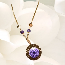 Bohemian floral pendant necklace for women in 24k gold plated brass, purple dahlia flower in polymer clay, Joanna Calla