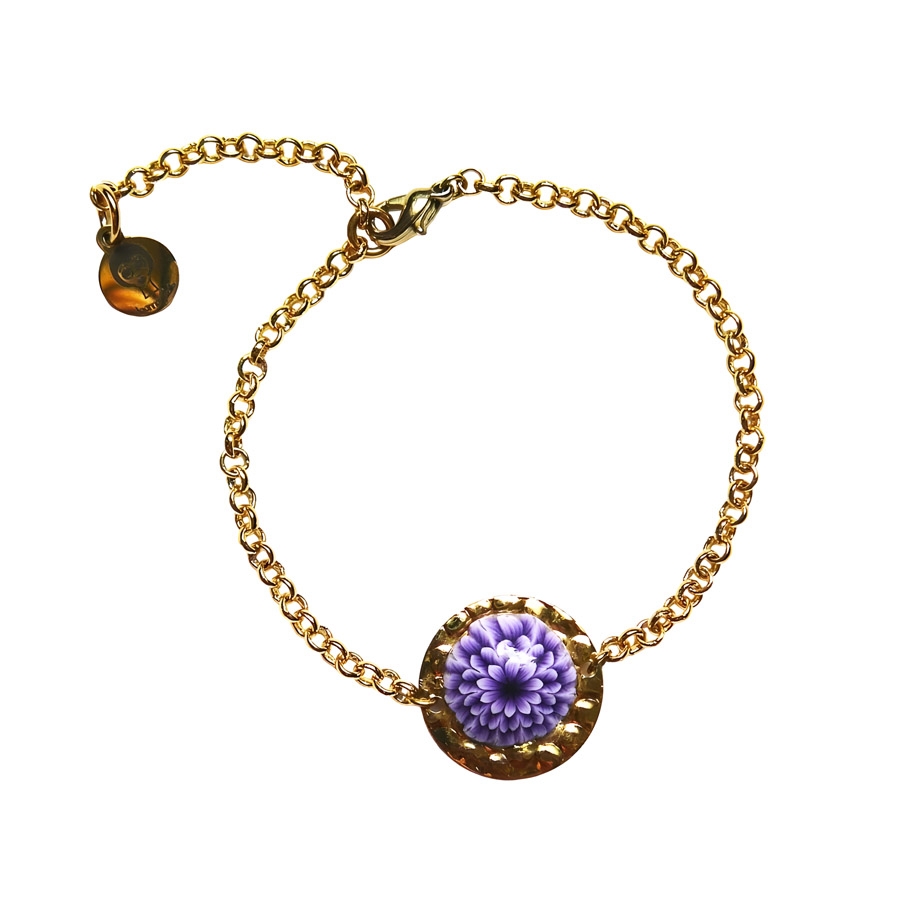 Bohemian floral fine bracelet in gold-plated 24K brass, purple dahlia flower in polymer clay, handmade, Joanna Calla