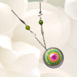 Bohemian chic pendant necklace for women in rhodium silver brass, pink green dahlia flower in polymer clay, Joanna Calla