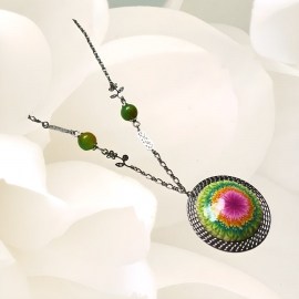 Bohemian chic pendant necklace for women in rhodium silver brass, pink green dahlia flower in polymer clay, Joanna Calla
