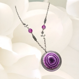 Bohemian floral pendant necklace for women in rhodium-plated silver brass, purple dahlia flower in polymer clay, Joanna Calla