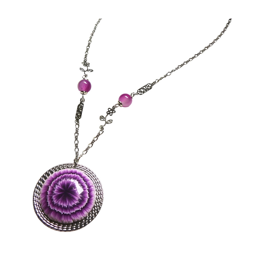 Bohemian floral pendant necklace for women in rhodium-plated silver brass, purple dahlia flower in polymer clay, Joanna Calla