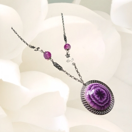 Bohemian floral pendant necklace for women in rhodium-plated silver brass, purple dahlia flower in polymer clay, Joanna Calla
