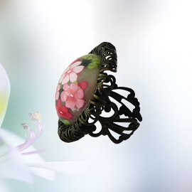 Adjustable retro ring pink flowers, handmade floral jewelry, unique piece, Joanna Calla