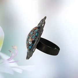 Adjustable retro ring blue black mandala, handmade floral jewelry, unique piece, Joanna Calla
