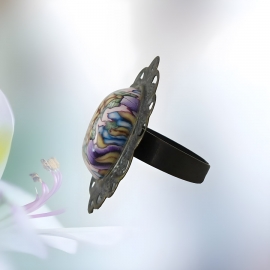 Bague rétro réglable mandala mauve jaune, bijoux floraux fait main, pièce unique, Joanna Calla