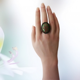 Bohemian oval green pink ring