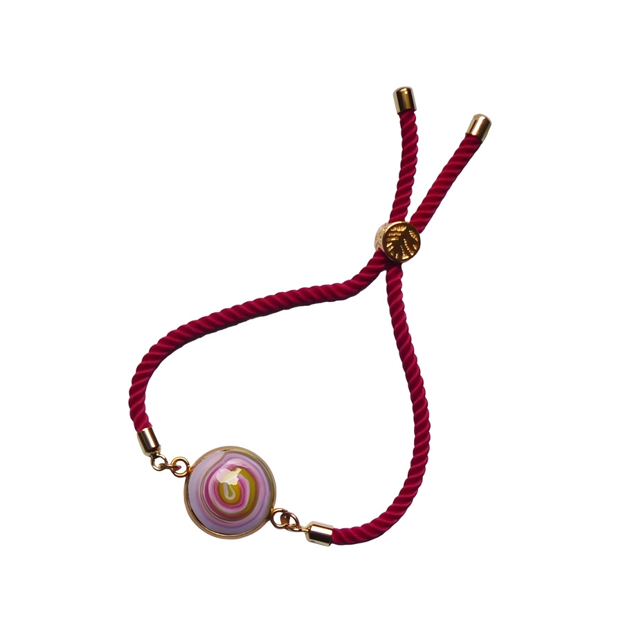 Bohemian adjustable bracelet for women, on pink nylon cord, purple spiral, handmade, unique piece, Joanna Calla