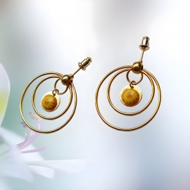 Bohemian floral round earrings, 24K gold brass, pendant, yellow flower jewelry, handmade, Joanna Calla