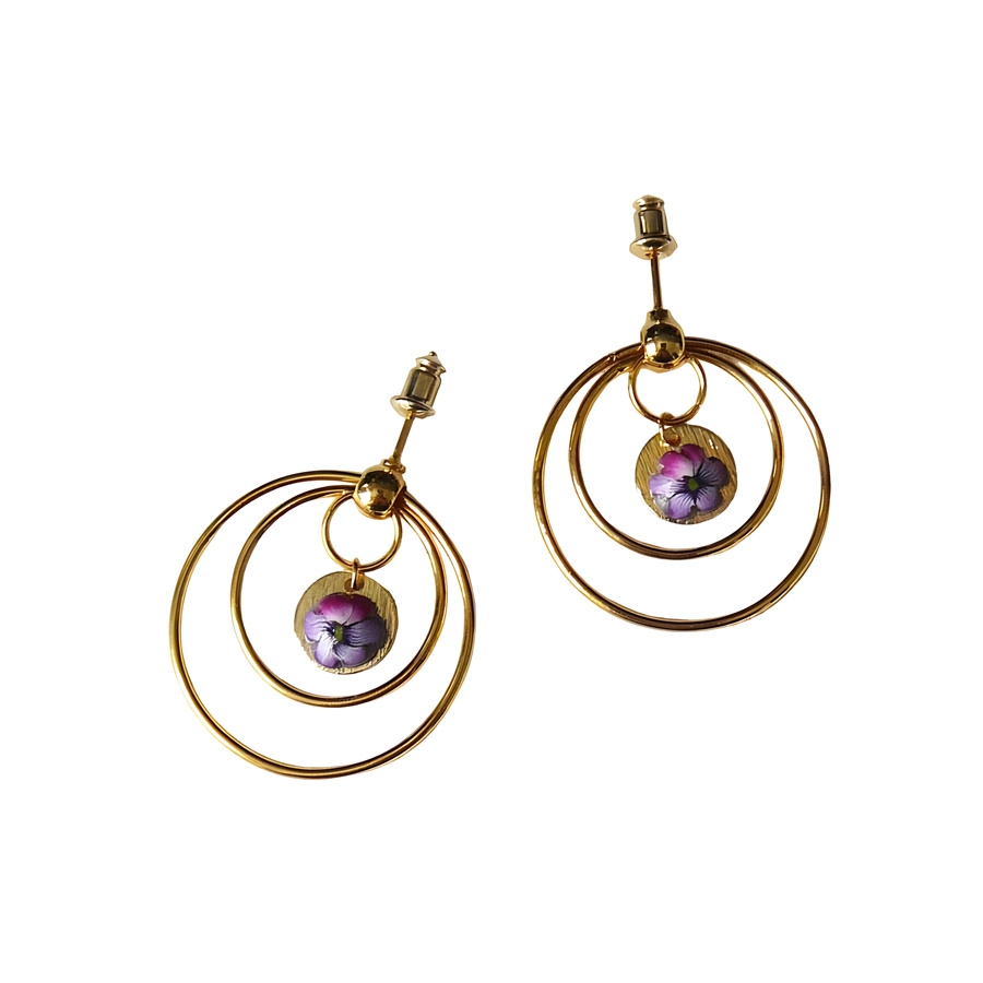 Boucles d'oreilles florales, bohème en laiton or 24K, puces rondes, pendantes, bijoux fleur fuchsia, fait main, Joanna Calla