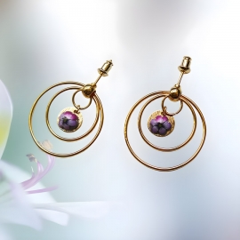 Bohemian floral round earrings, 24K gold brass, pendant, fuchsia flower jewelry, handmade, Joanna Calla