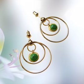 Bohemian floral round earrings, 24K gold brass, pendant, green flower jewelry, handmade, Joanna Calla